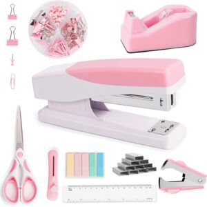 Pink Office Desk Set with Stapler & Accessories